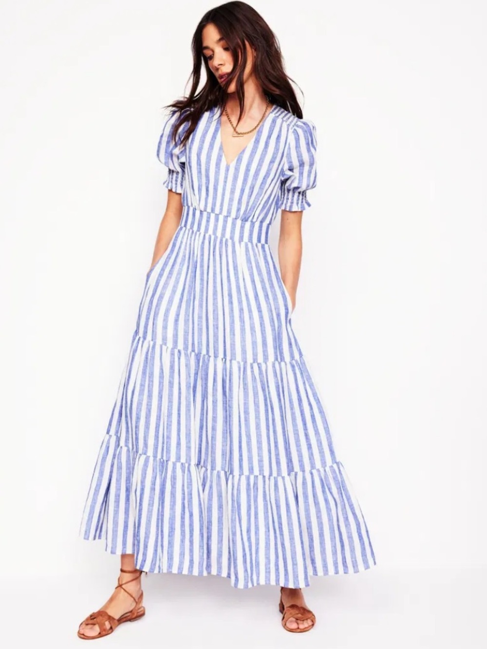 BODEN Anna Linen Tiered Midi Dress Size 8L NWOT